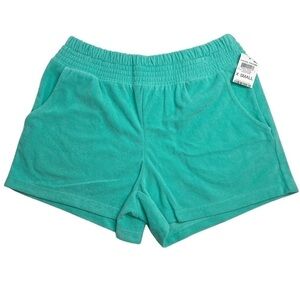 Jenni Smocked Waist Terry Cloth Shorts Ocean Aqua Teal XS New